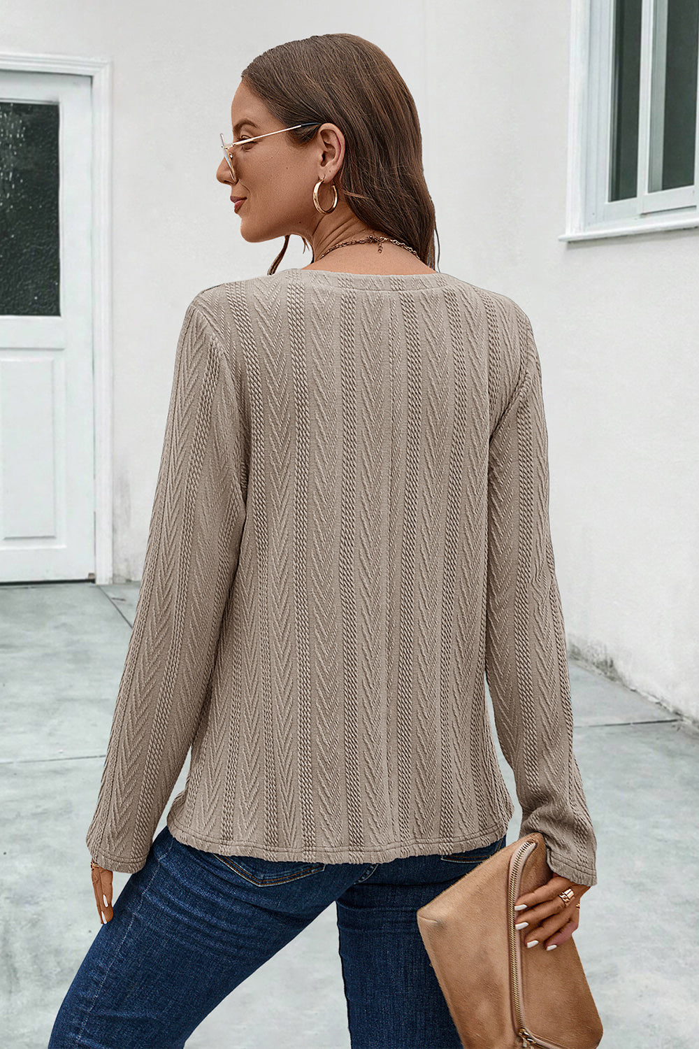 Buttoned Notched Neck Long Sleeve T-Shirt long sleeve design