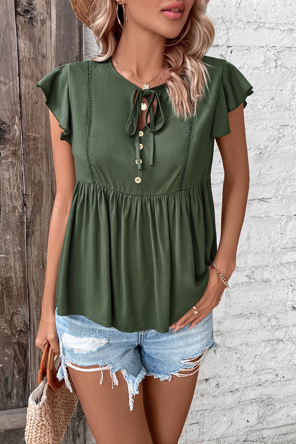 Buttoned Tie Neck Babydoll Top casual outfit