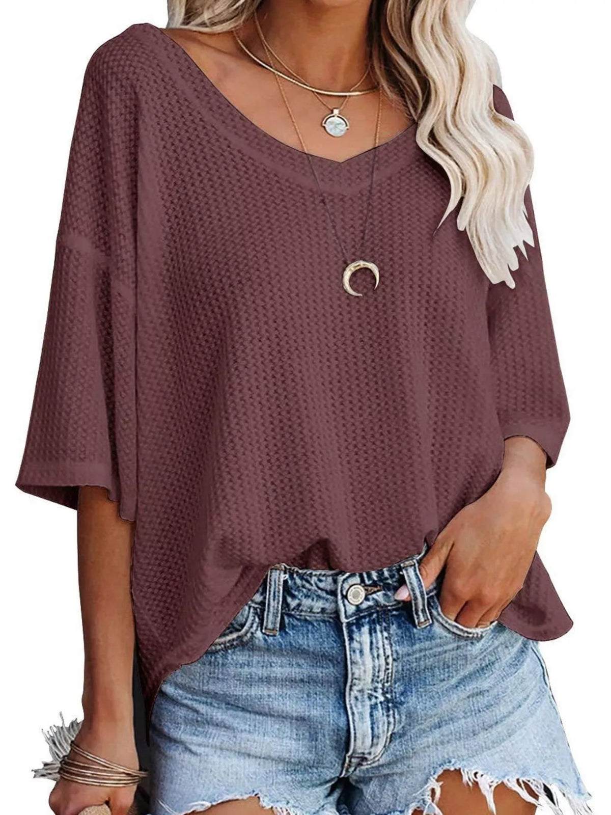 Waffle knit v-neck t-shirt casual outfit