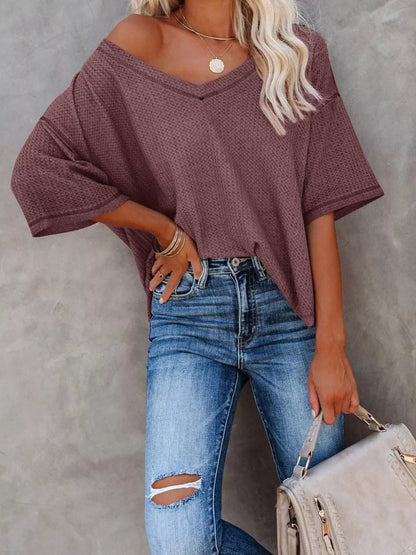 Waffle knit v-neck t-shirt casual outfit