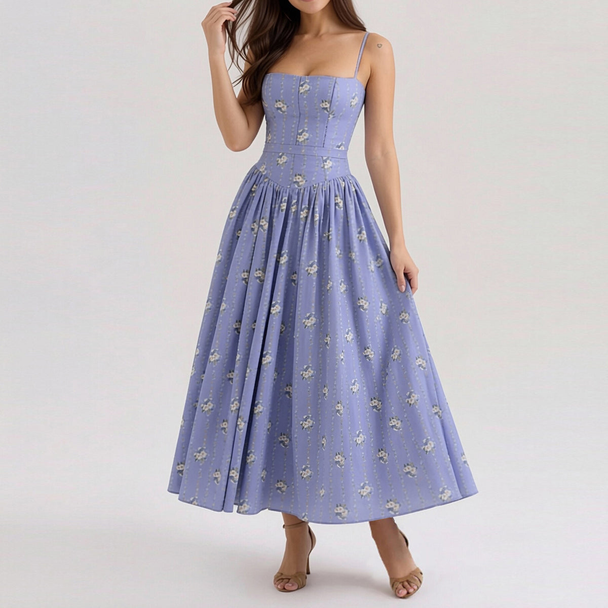 Elegant Summer Flared Strap Dress – Floral Style showcasing flared design and stunning floral patterns for summer elegance.