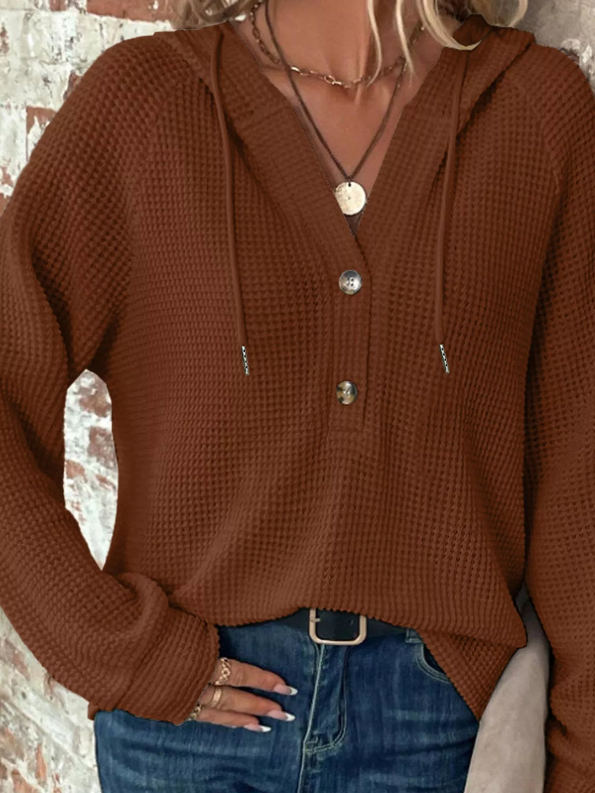 Casual Waffle Knit Hoodie waffle knit texture