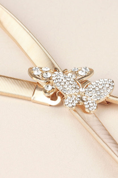 Rhinestone Butterfly Belt with golden strap and sparkling butterfly embellishments for stylish outfits.