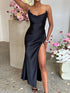 Slinky satin cowl neck dress evening outfit