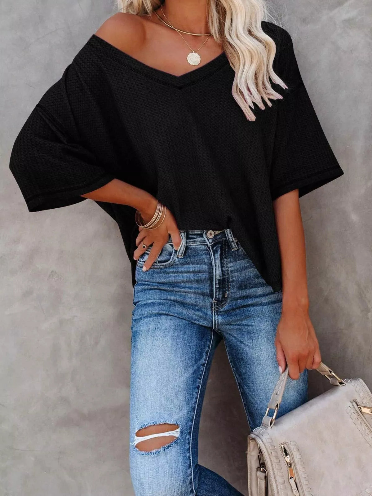 Waffle knit v-neck t-shirt casual outfit
