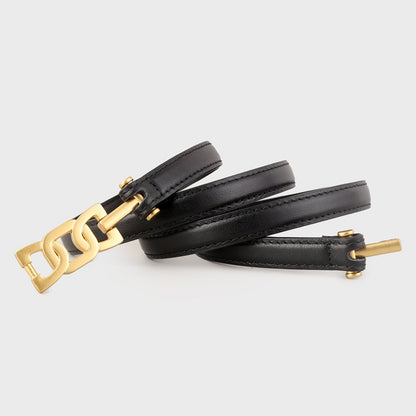Gold Buckle Skinny Leather Belt showcased in black leather with a stylish gold buckle design.
