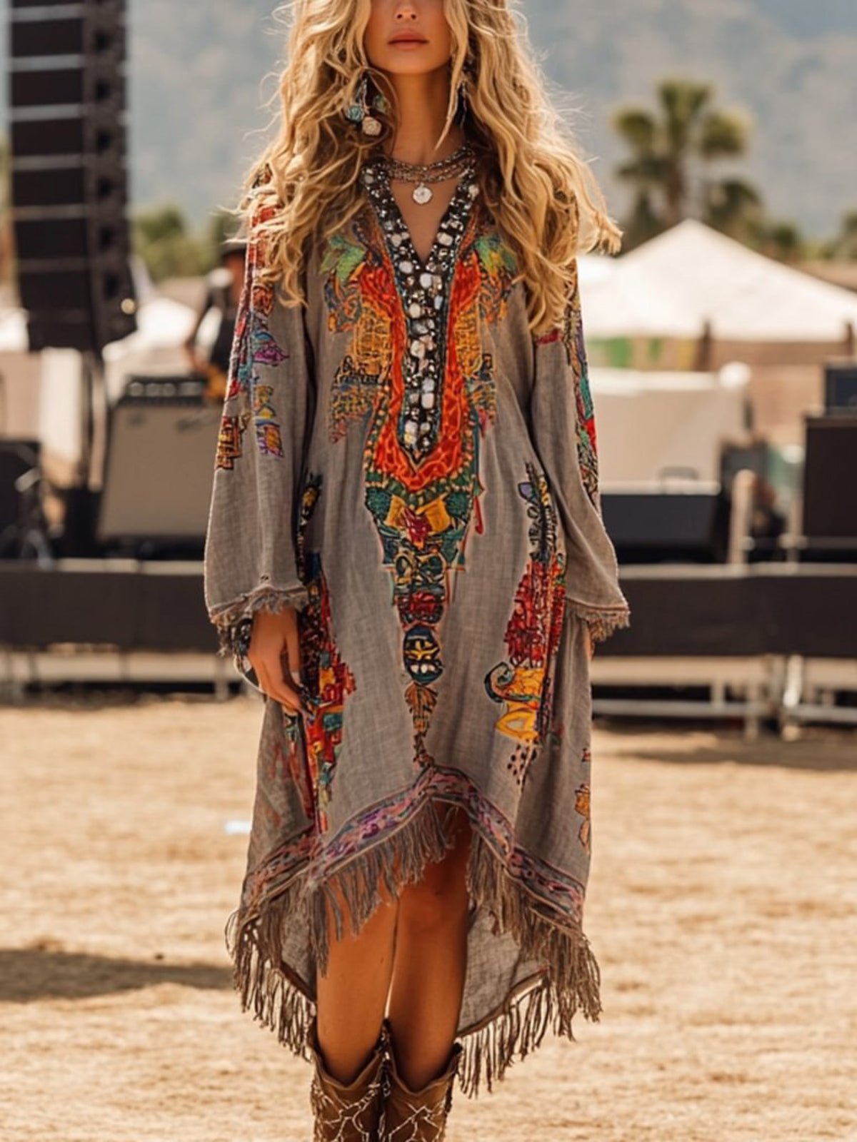 Fringe Hem Notched Long Sleeve Dress featuring colorful embroidery and fringe details, perfect for stylish summer outings.
