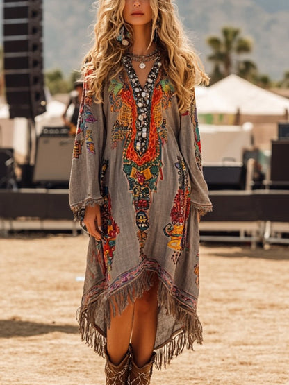 Fringe Hem Notched Long Sleeve Dress featuring colorful embroidery and fringe details, perfect for stylish summer outings.