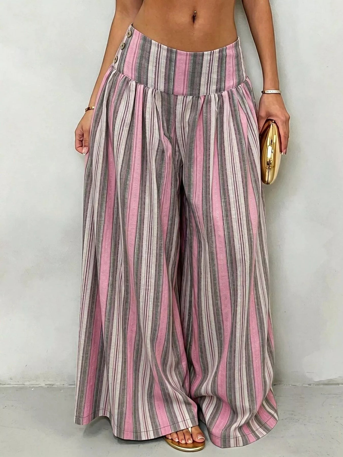 High-Waisted Striped Wide-Leg Pants in pink and green stripes, featuring a wide-leg design and flattering high waist.