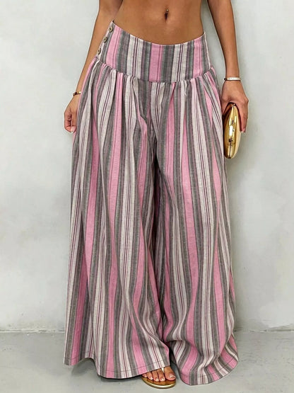 High-Waisted Striped Wide-Leg Pants in pink and green stripes, featuring a wide-leg design and flattering high waist.