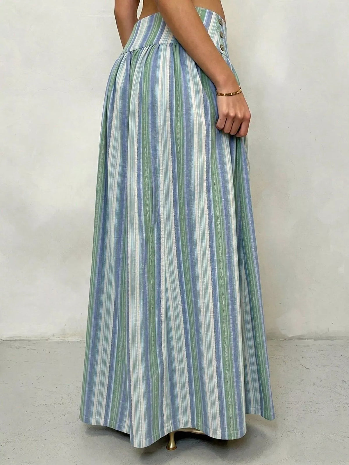 High-Waisted Striped Wide-Leg Pants in pink and green stripes, featuring a wide-leg design and flattering high waist.