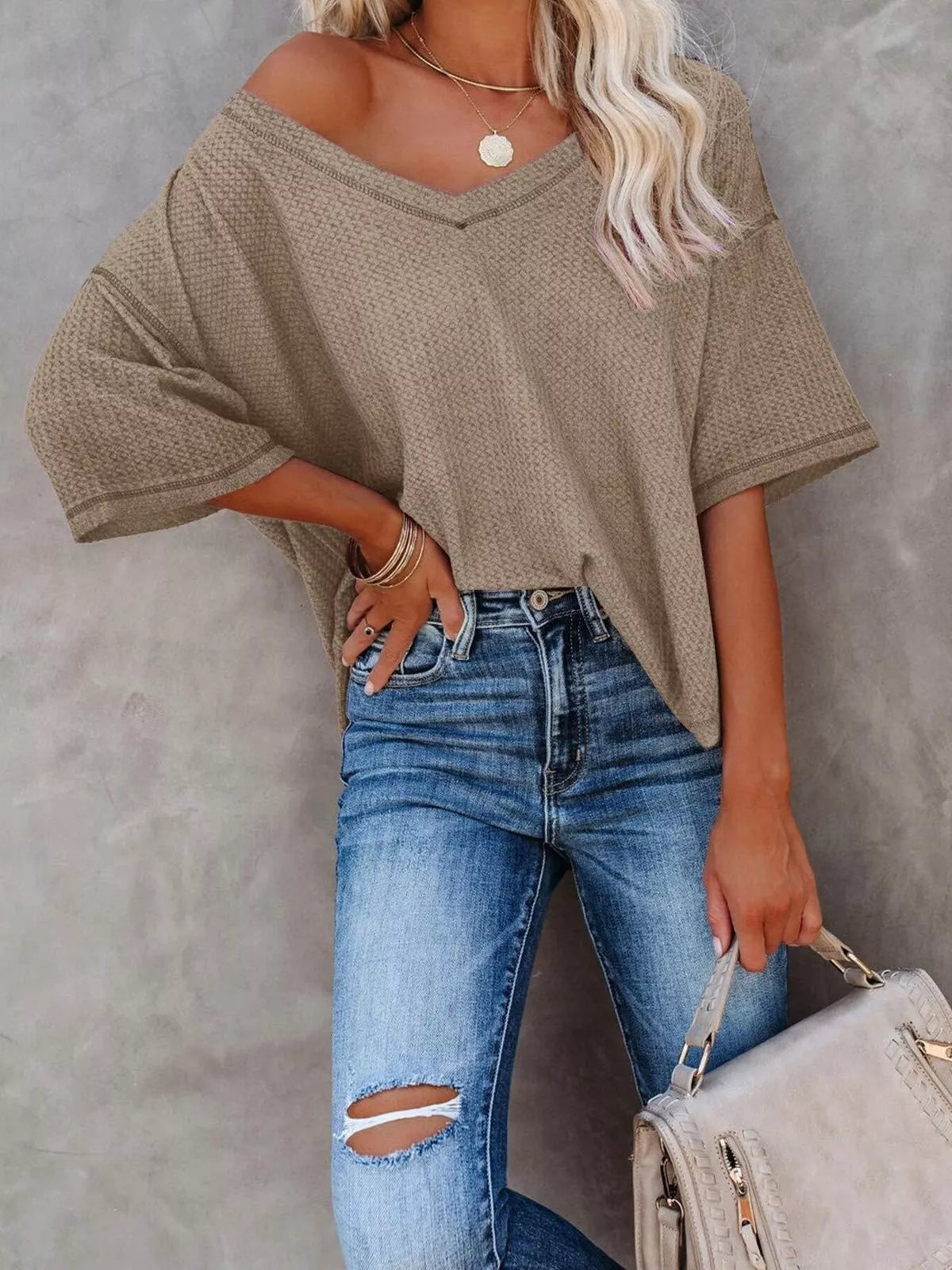 Waffle knit v-neck t-shirt casual outfit