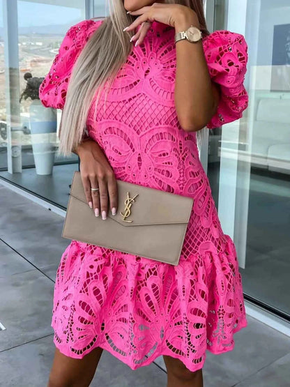 Elevate Your Style with Our Lace Mock Neck Puff Sleeve Dress