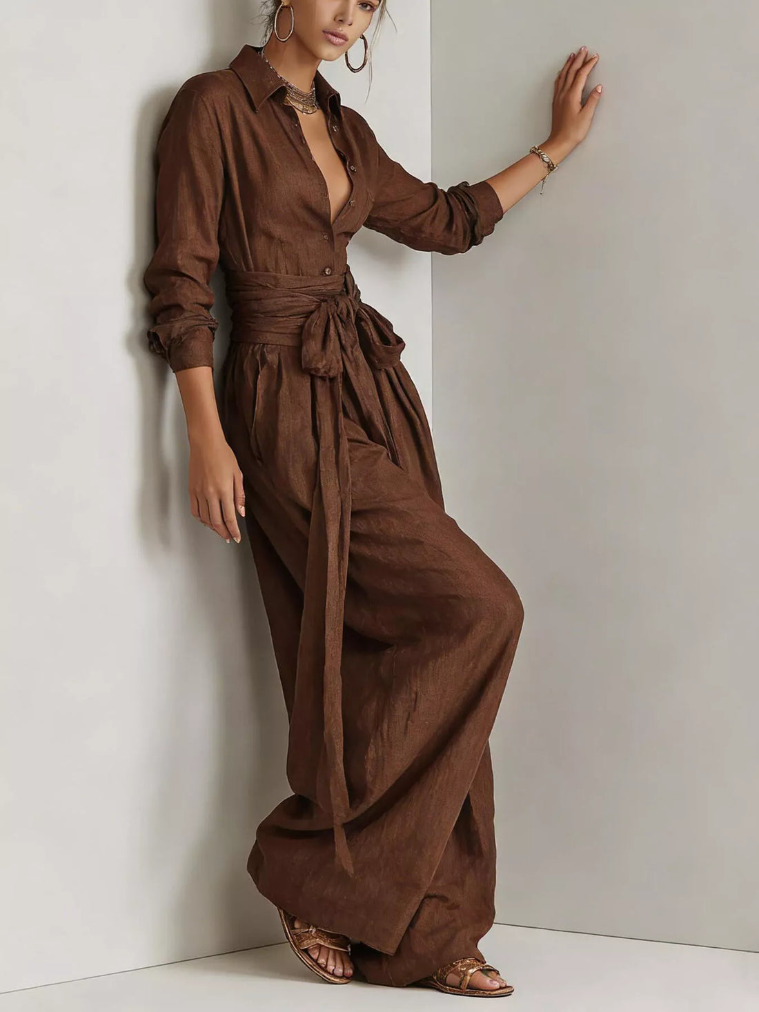 Back view of a woman wearing a Long-Sleeve Waist-Tie Jumpsuit in brown, showcasing its elegant design.