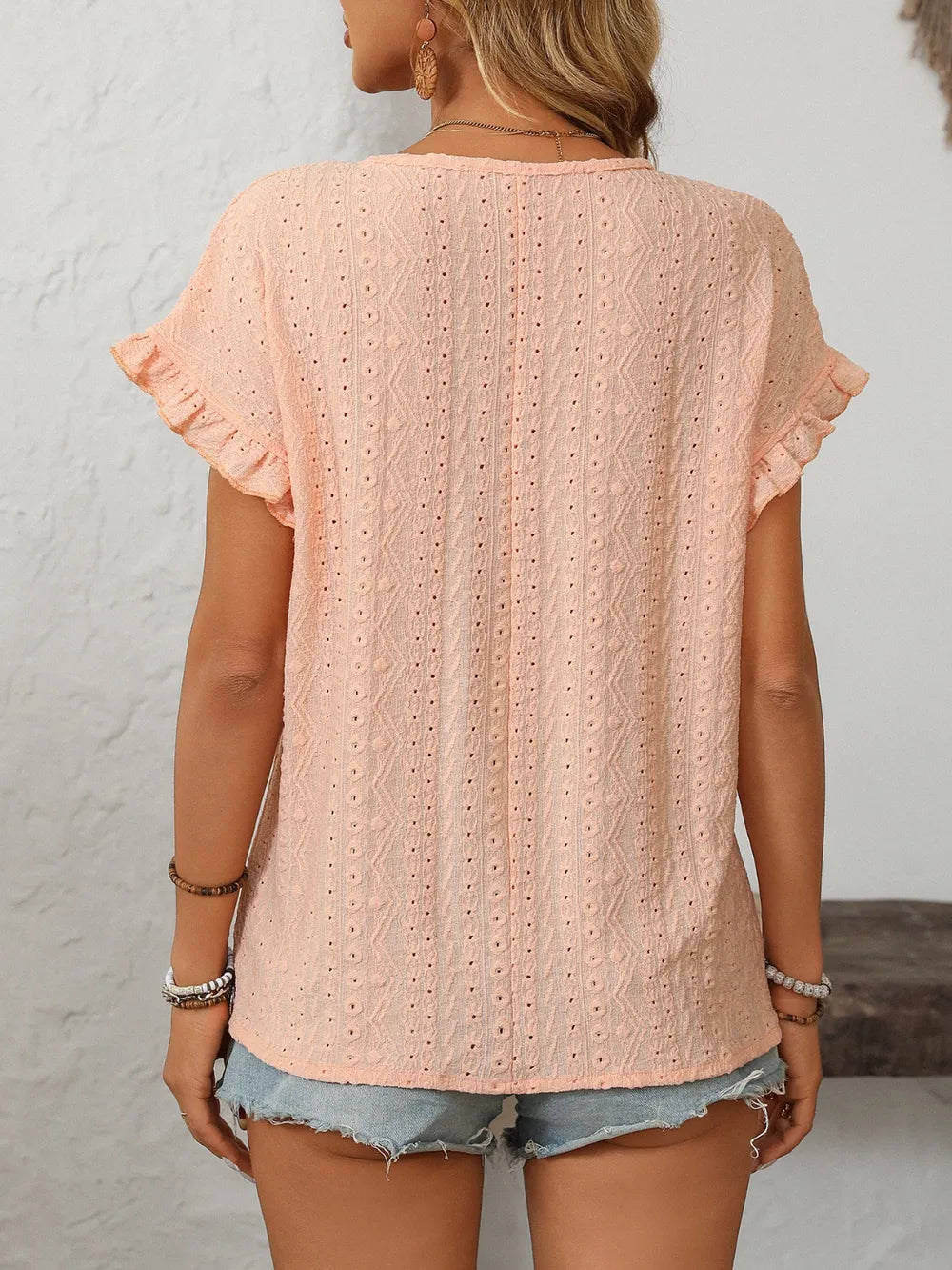 Mandy Eyelet Round Neck Top frill accent