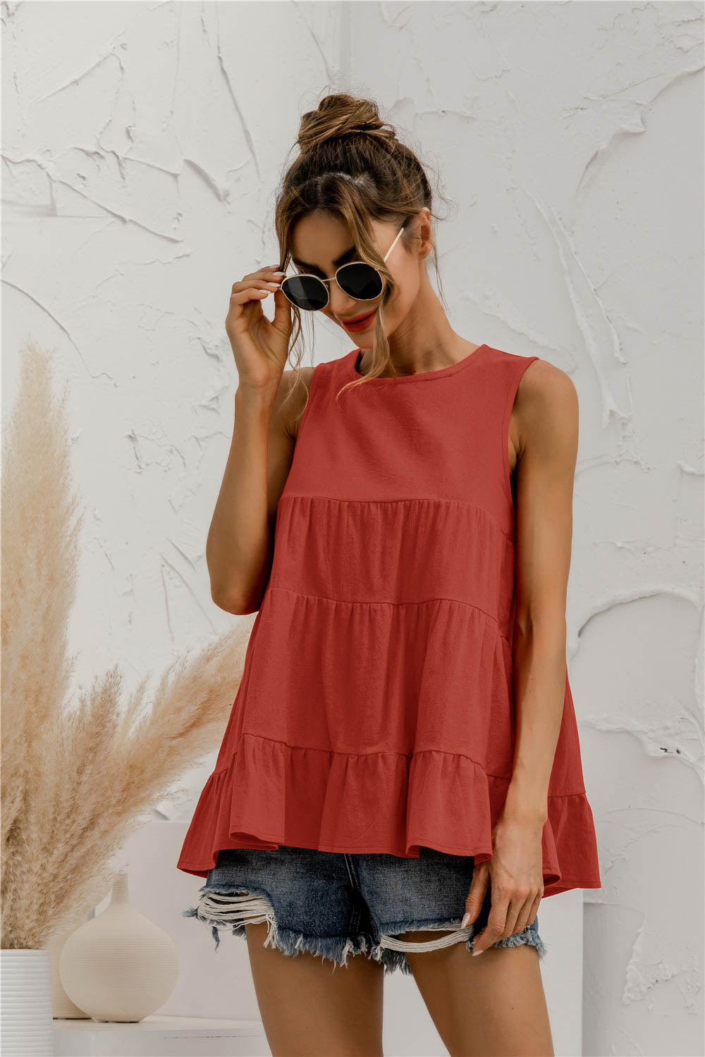 Round Neck Tiered Tank Top round neckline