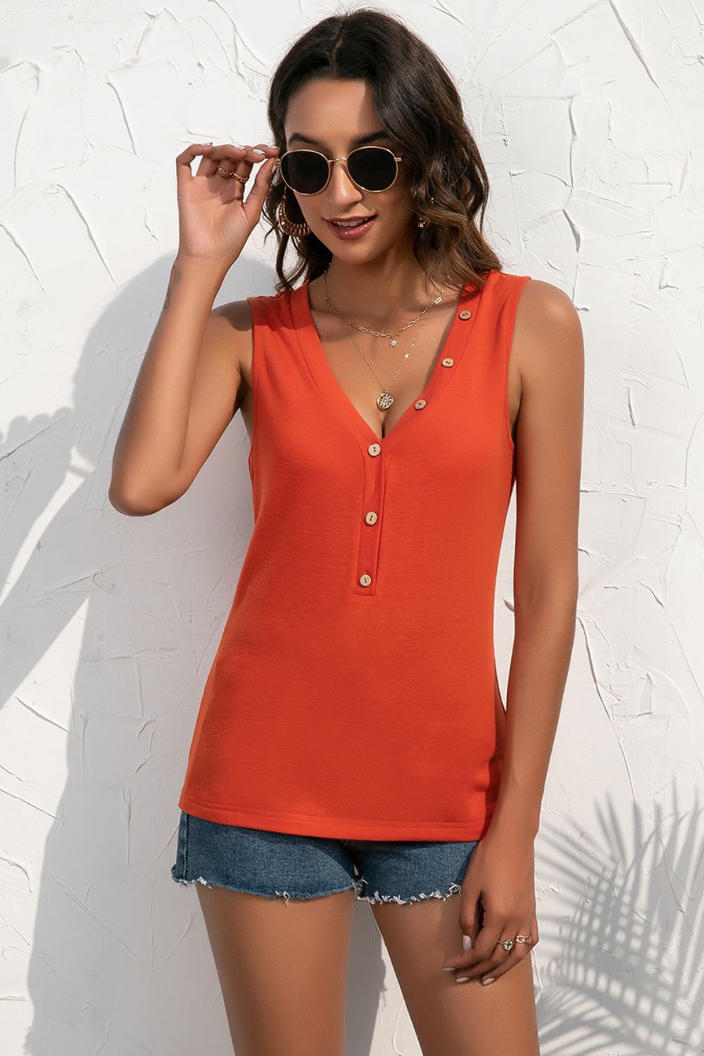 Ivy Lane Deep V Tank decorative button detail