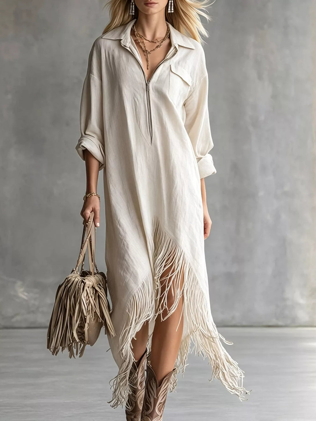 Fringe Hem Zip-Up Shirt Dress women&
