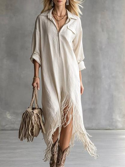 Fringe Hem Zip-Up Shirt Dress women&