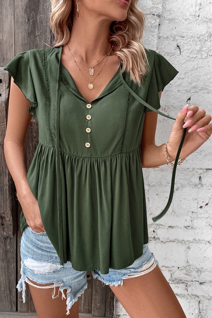Buttoned Tie Neck Babydoll Top casual outfit