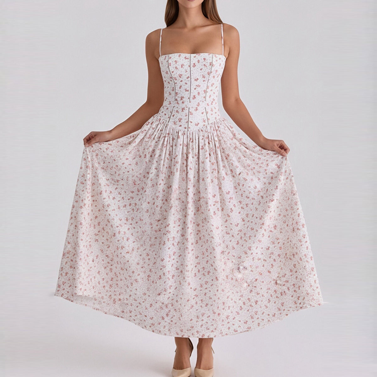 Elegant Summer Flared Strap Dress – Floral Style showcasing flared design and stunning floral patterns for summer elegance.