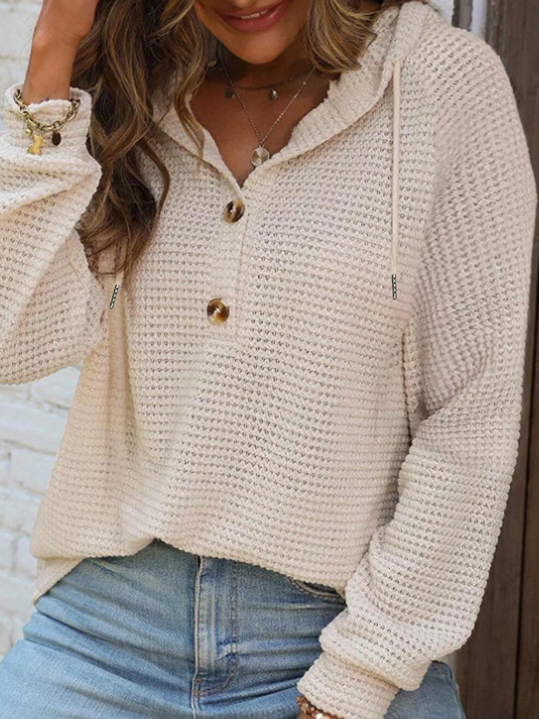 Casual Waffle Knit Hoodie waffle knit texture