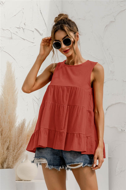 Round Neck Tiered Tank Top round neckline