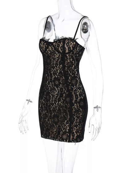 Lace spaghetti strap mini dress lace detail