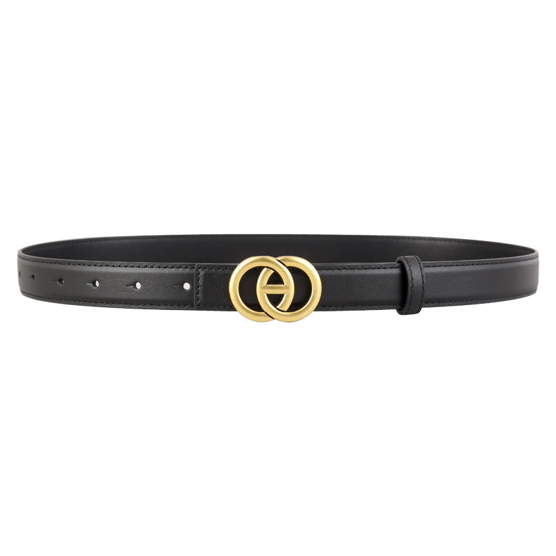 Double Circle Buckle Leather Belt showcasing a stylish cowhide design with a gold buckle.