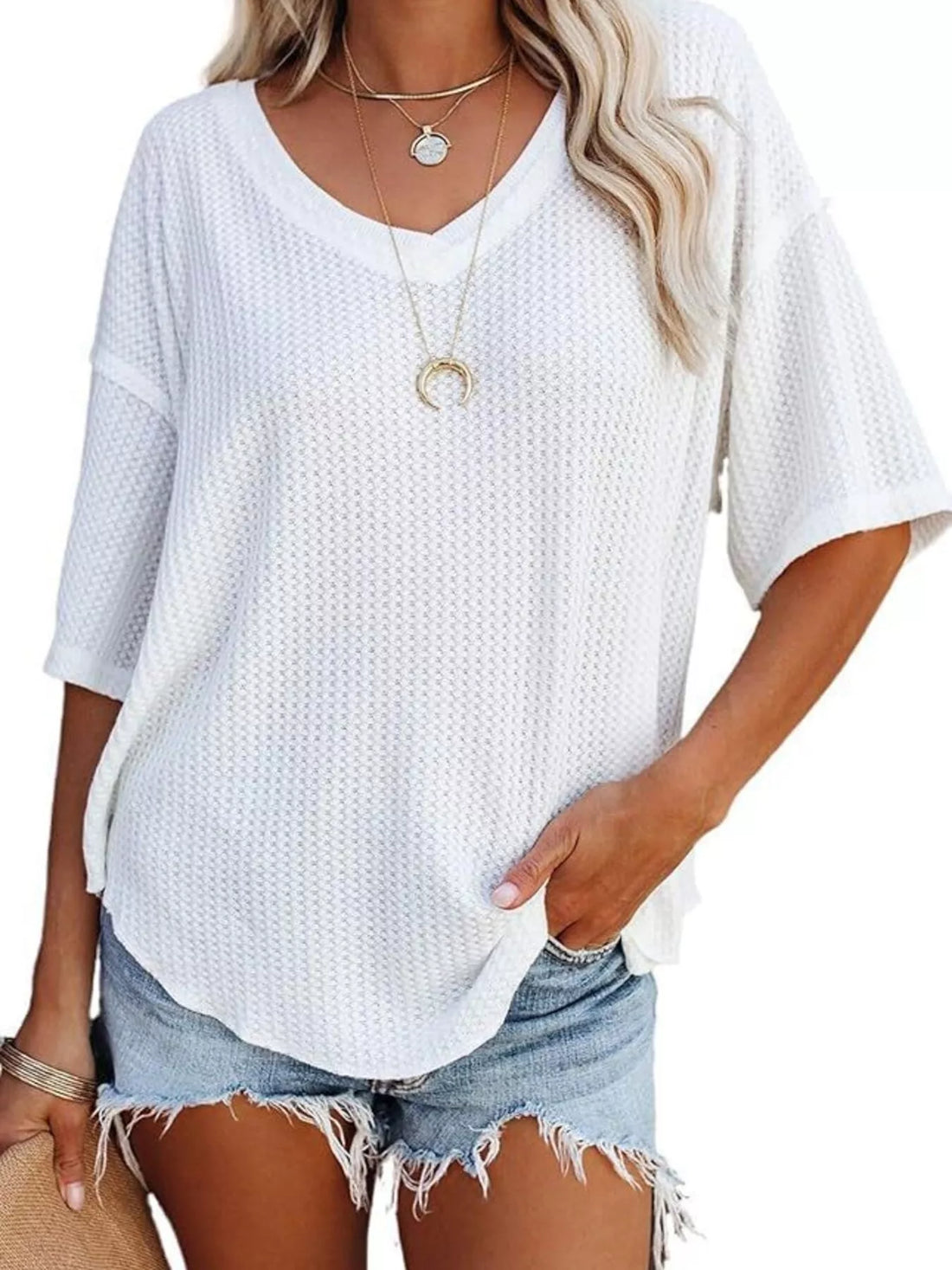 Waffle knit v-neck t-shirt casual outfit