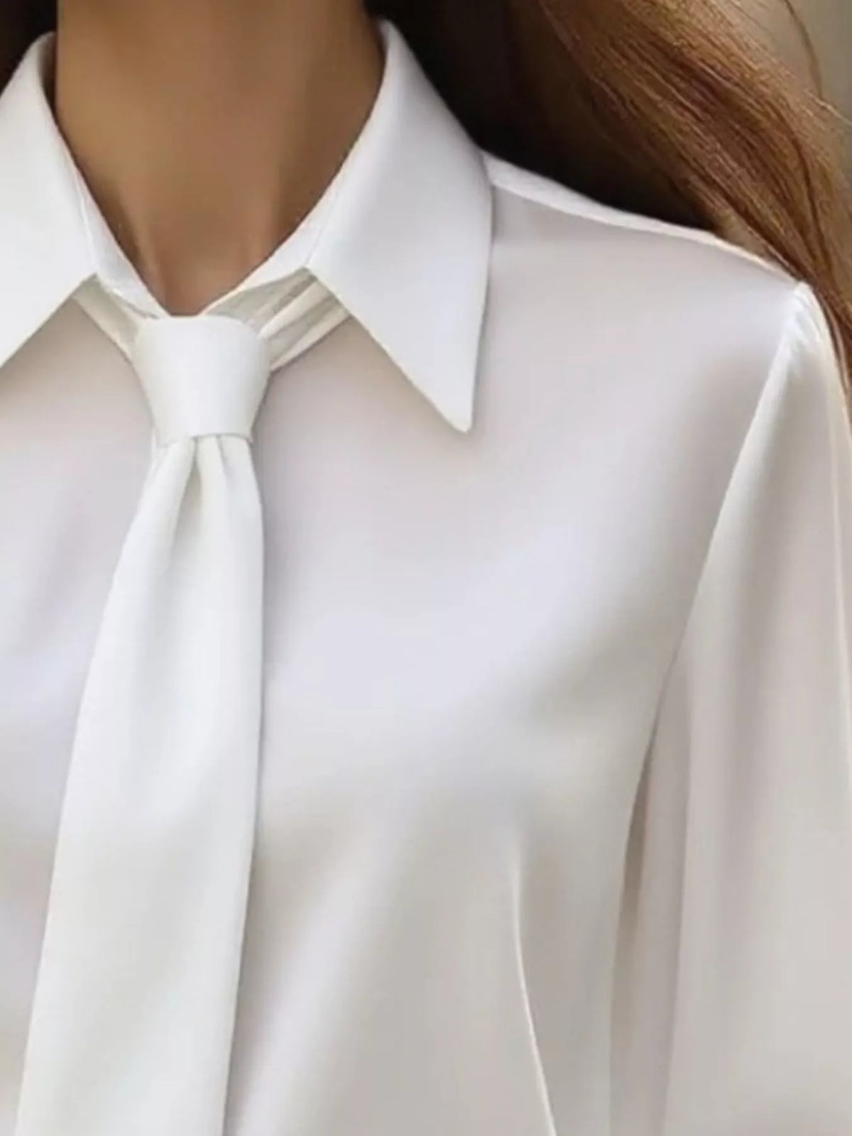 Chic Tie-Neck Blouse in beige with a stylish collar and tie detail, perfect for elegant women&