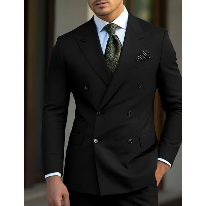 Mens suit set featuring a stylish black double-breasted jacket and elegant tie, ideal for casual business attire.