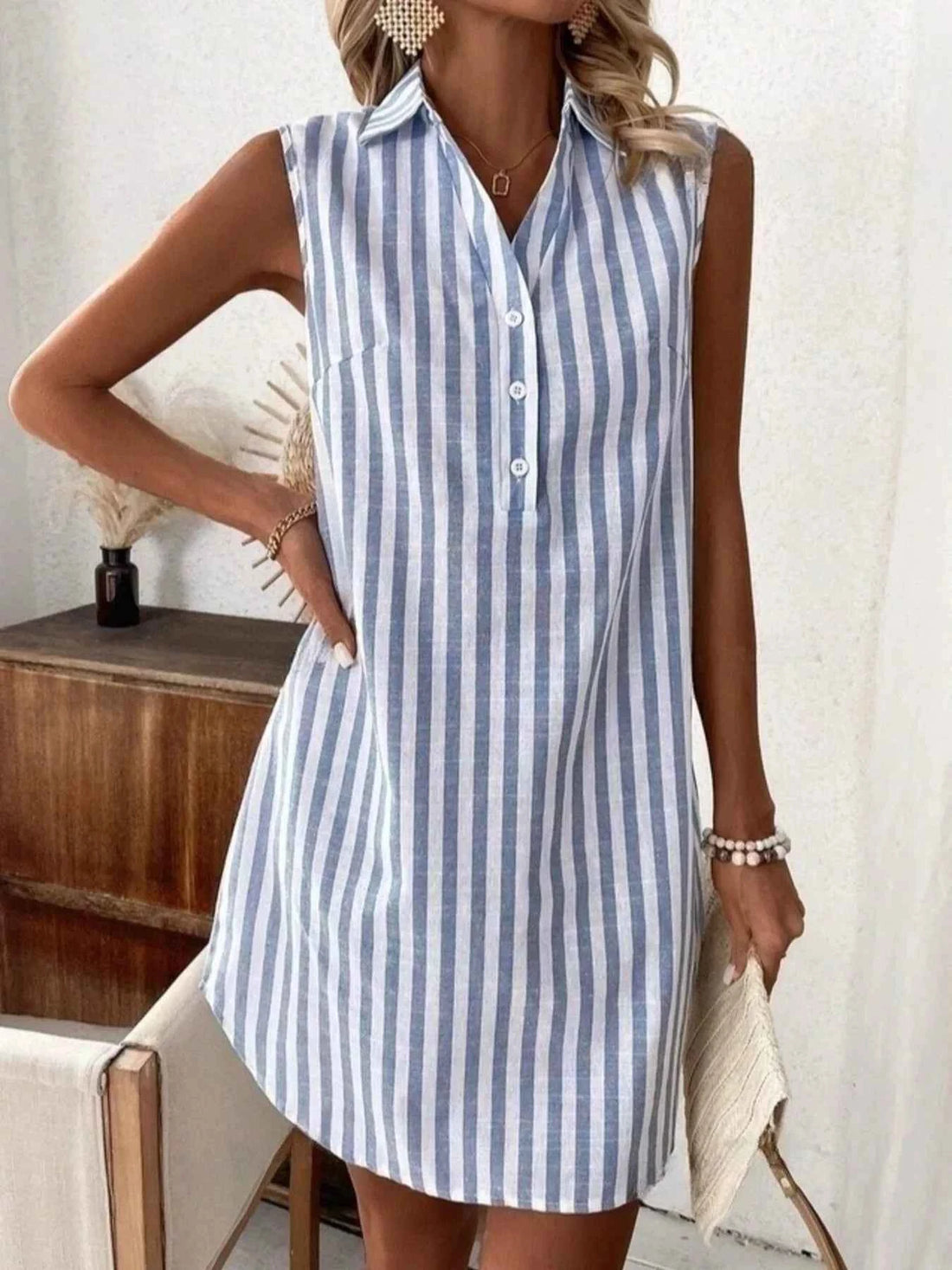 Stylish Sleeveless Striped Shirt Dress - Effortless Chic for Everyday Wear