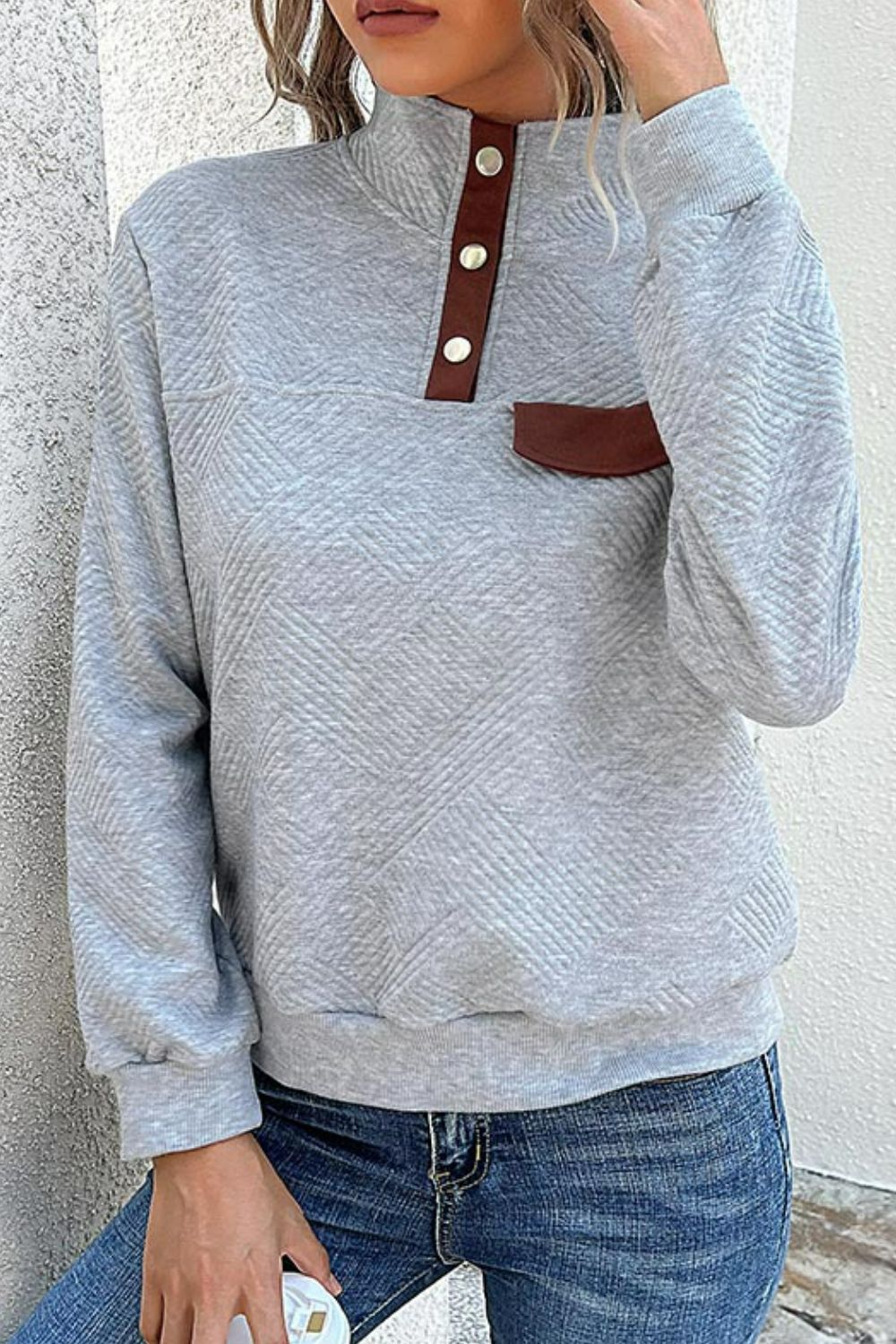 Perfee Contrast Ribbed Quarter-Snap Sweatshirt styled outfit