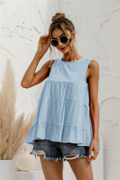 Round Neck Tiered Tank Top round neckline