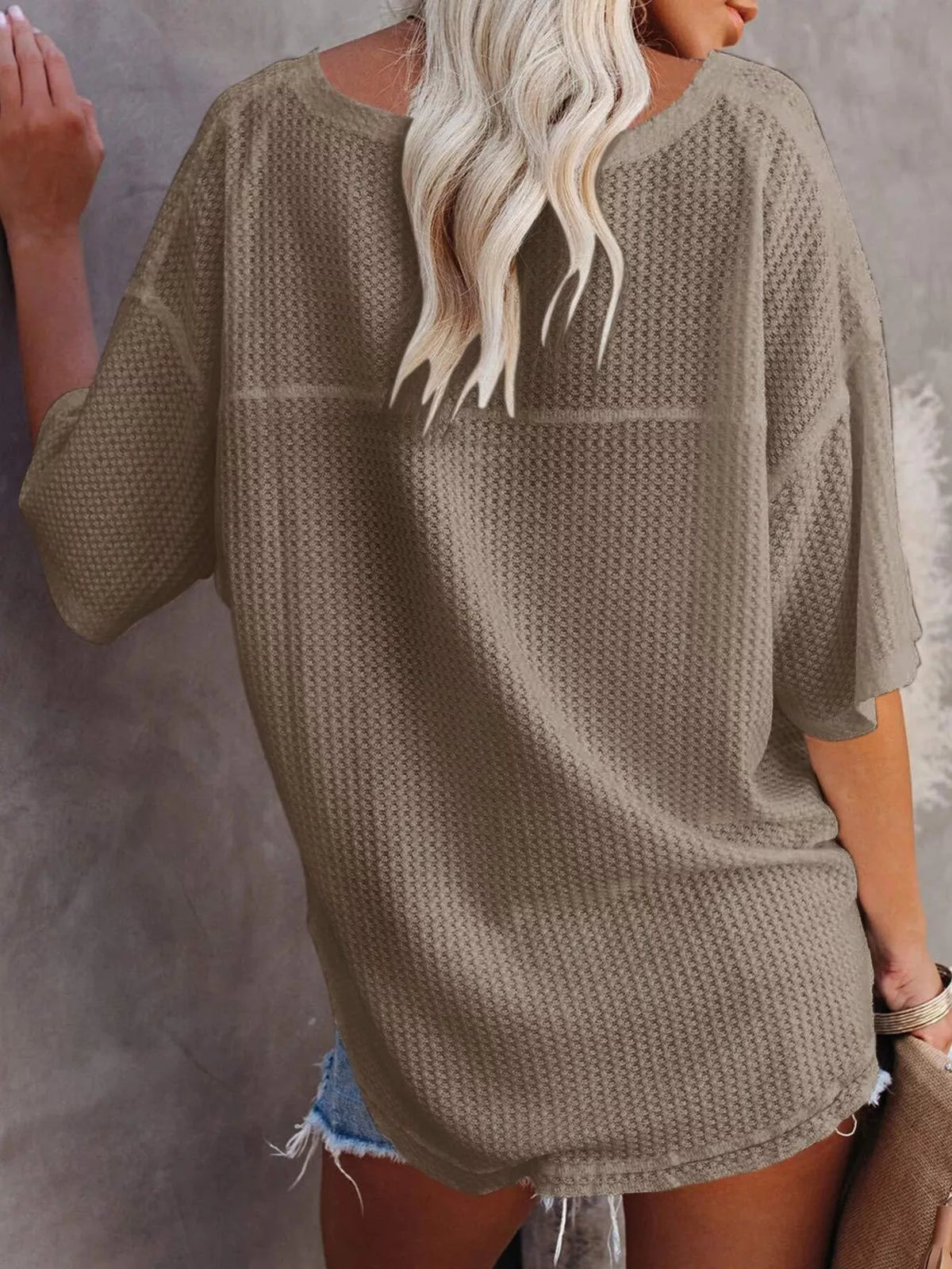 Waffle knit v-neck t-shirt casual outfit