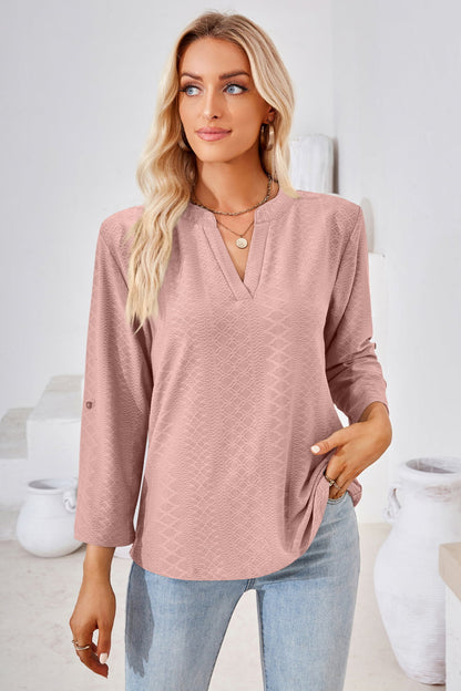 V-Neck Roll-Tap Sleeve Blouse casual outfit
