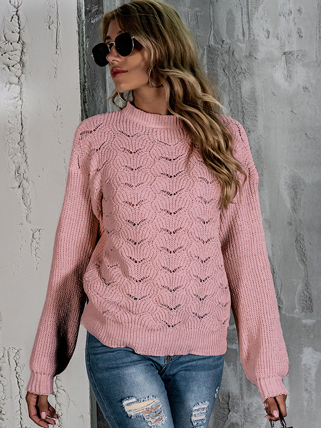 Openwork Mock Neck Long Sleeve Sweater openwork design