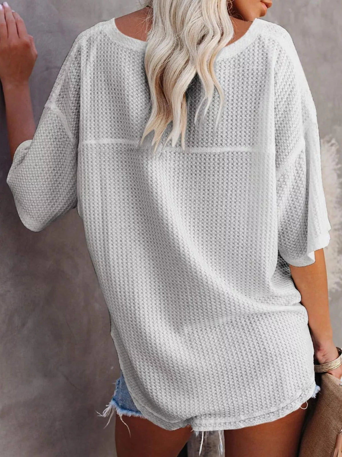 Waffle knit v-neck t-shirt casual outfit