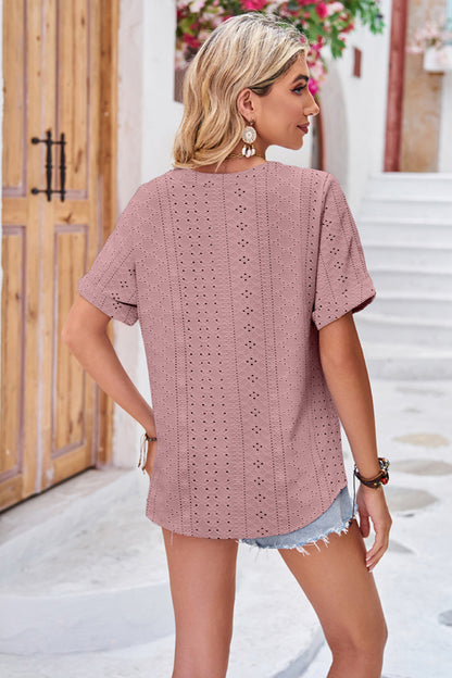 Buttoned Notched Neck Eyelet Top notched neckline