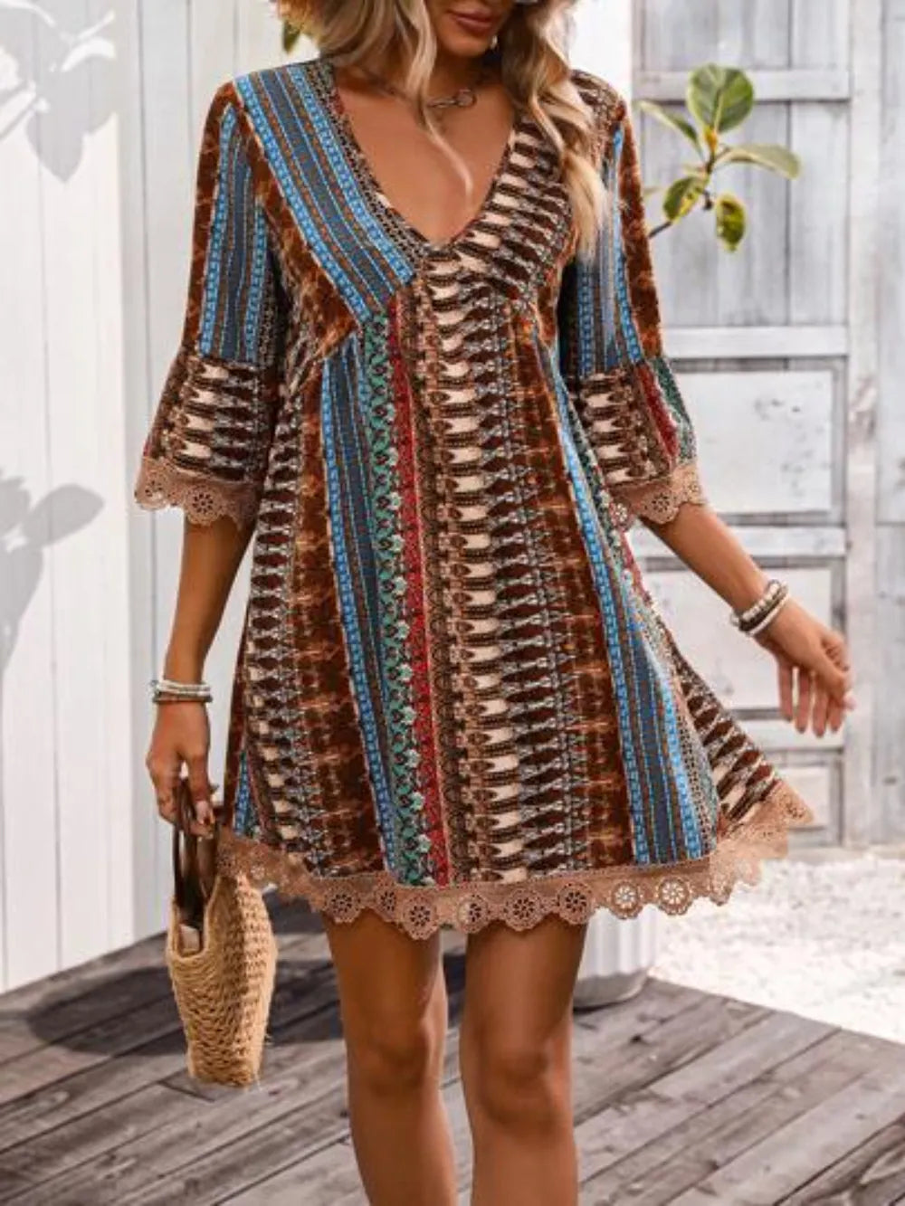 Lace trim v-neck dress full length view