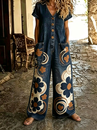Casual Buttoned Jumpsuit featuring a wide-leg style, denim fabric, and colorful floral embroidery.