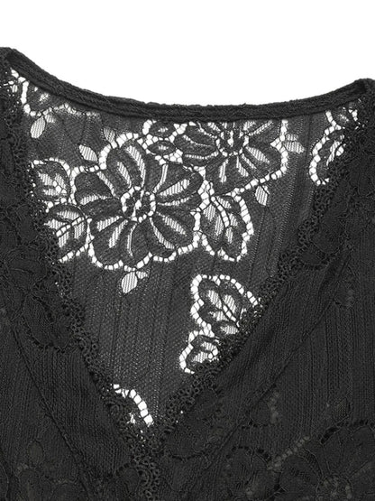 Perfee Lace Button Down Short Sleeve Shirt lace detail
