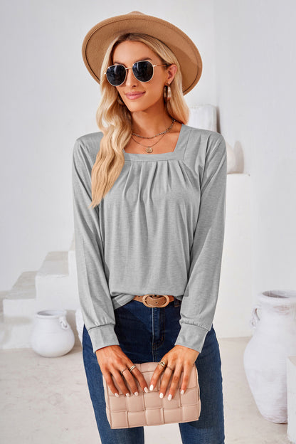 Square Neck Ruched Long Sleeve Blouse long sleeve design