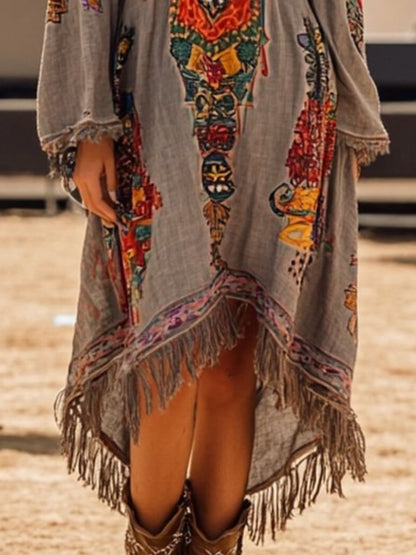 Fringe Hem Notched Long Sleeve Dress featuring colorful embroidery and fringe detail, perfect for casual outings or special occasions.