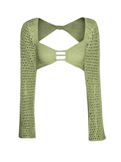 Tied Long Sleeve Cover Up Set openwork design