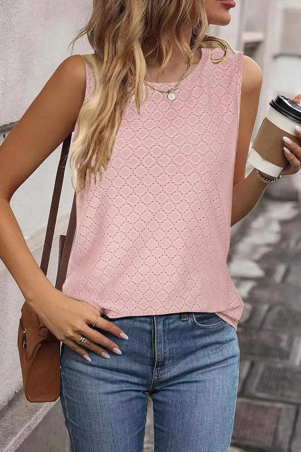 Eyelet Round Neck Tank sleeveless design