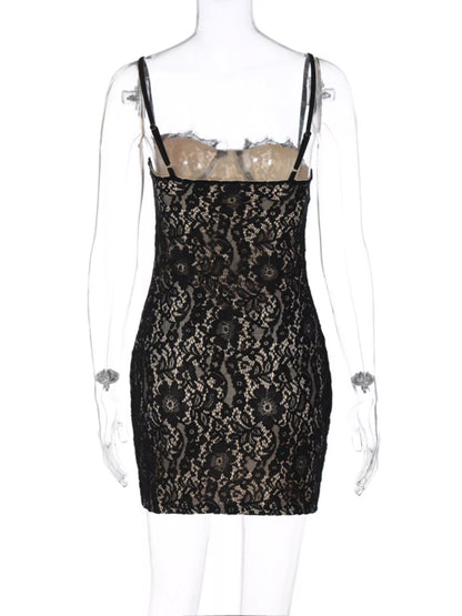 Lace spaghetti strap mini dress lace detail
