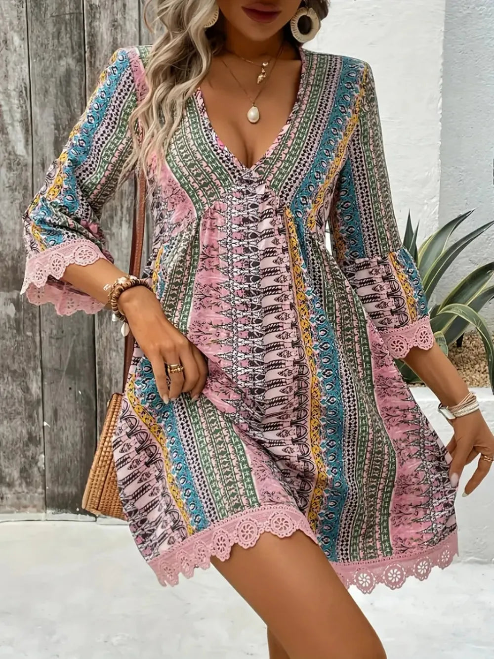 Lace trim v-neck dress full length view