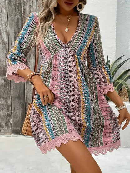 Lace trim v-neck dress full length view